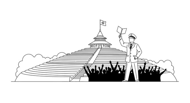 Park ranger or official standing before national monument