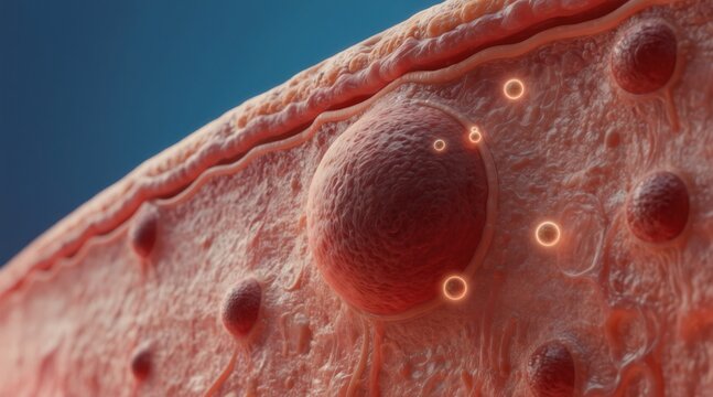 Close up view of skin layers shows blisters forming due to autoimmune attack. Immune cells attack skin cells causing separation and fluid buildup, leading to blistering lesions and inflammation.