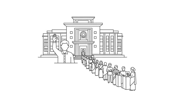 Citizen with hand raised and long queue at government building