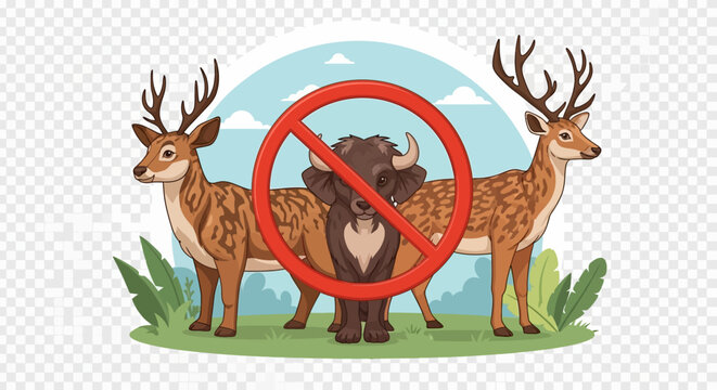 No Hunting Sign with Deer and Buffalo Illustration