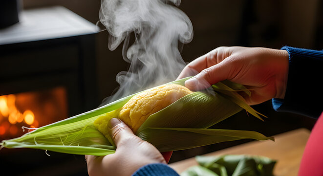 Freshly Steamed Sweet Corn Pamonha Wrapped in Authentic Husk