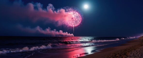 Obraz premium Night ocean beach with moon and pink fireworks bursting over waves. Coastal scene features sand, water, and distant lights. Peaceful celebration on the shore.