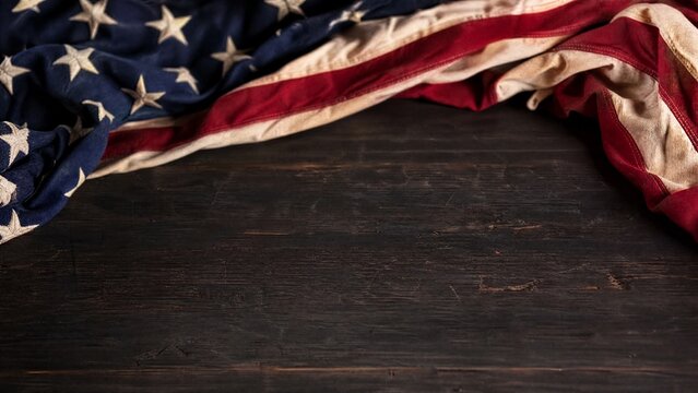 Vintage American flag border on a dark surface, minimalist patriotic decor with soft natural lighting.