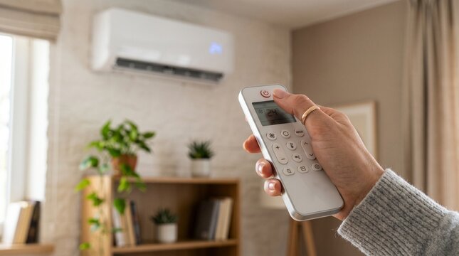 A person's hand holding a remote control to adjust a wall-mounted air conditioner in a modern living room.