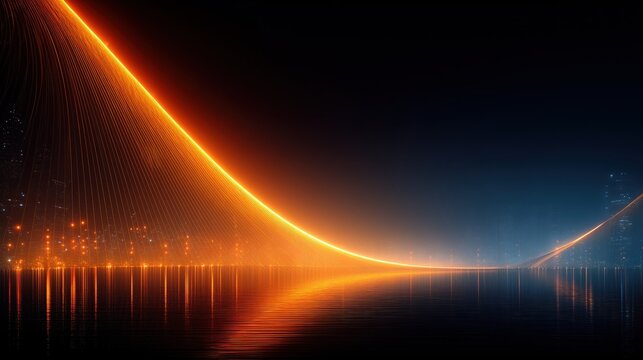 Abstract technology concept with glowing digital data bridge spanning across reflective waterfront, smart infrastructure background copy space