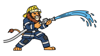 Obraz premium Cartoon lion firefighter spraying water from a hose