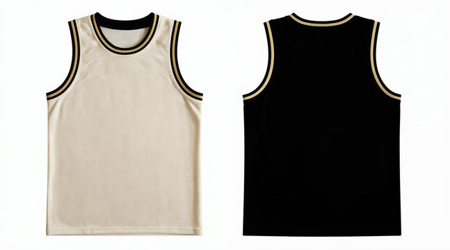 Two basketball jerseys, one black, one cream, displayed front, back on white background. Apparel mock-up features gold trim on neckline, armholes, ready for design customization. Perfect for sports