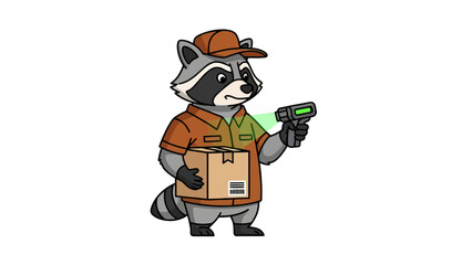 Obraz premium Cartoon raccoon delivery worker scans a brown box with a handheld scanner