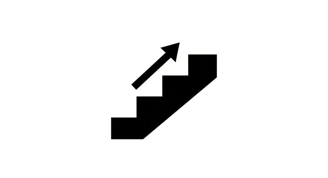Black silhouette of stairs with an upward arrow indicating progress and success.