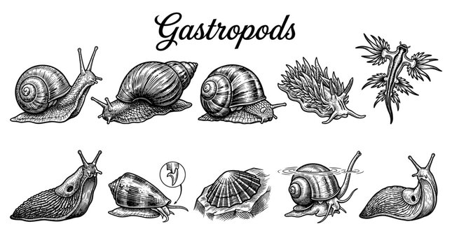 Hand-Drawn Gastropods Collection, Vintage Engraved Snail and Slug Vector Illustration Set