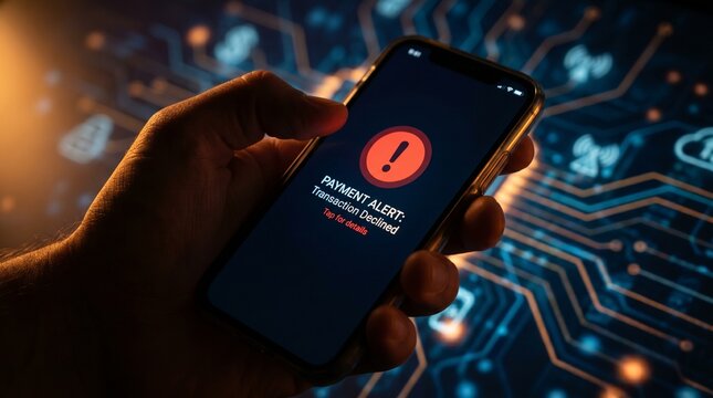 Smartphone displays a critical security alert above glowing digital circuit patterns in a dark setting.
