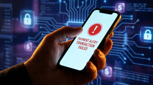 Smartphone displays a security breach warning in a hand against a background of glowing cyber threat symbols.