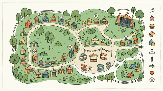 Doodle map of a summer festival with various tents food stalls a music stage and camping area handdrawn vector illustration for event planning or brochure design seat plan, Generative AI.