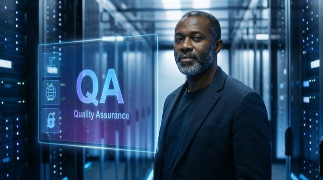 Executive stands in a server room beside a large QA quality assurance display.