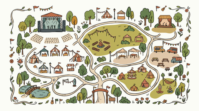 Doodle map of a music festival with stages camping tents food trucks campfire and park area handdrawn vector illustration seat plan, Generative AI.