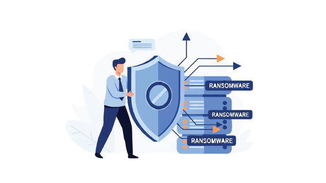 Cybersecurity Specialist Protecting Servers from Ransomware Attack Illustration