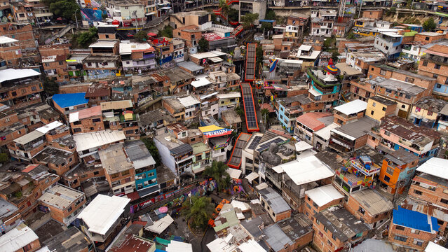 Medellin, Antioquia - Colombia. February 13, 2026. Vernacular architecture and social transformation in Comuna 13 of Medellin.