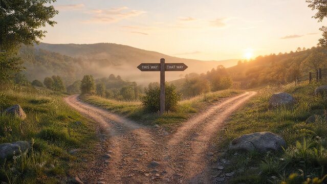 A quiet forked path through a peaceful landscape, bathed in soft morning light, symbolizing life's choices.