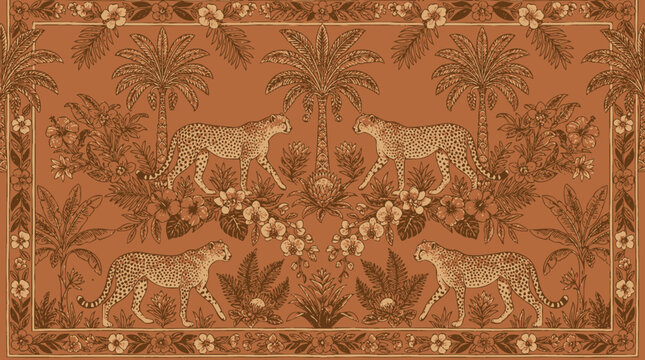 Symmetrical tropical jungle pattern with walking leopards, palm trees, and exotic flowers in a vintage terracotta and sepia color palette.