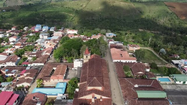 P&aacute;ramo, Santander - Colombia. April 29, 2026. Panoramic drone view of the town's main church.