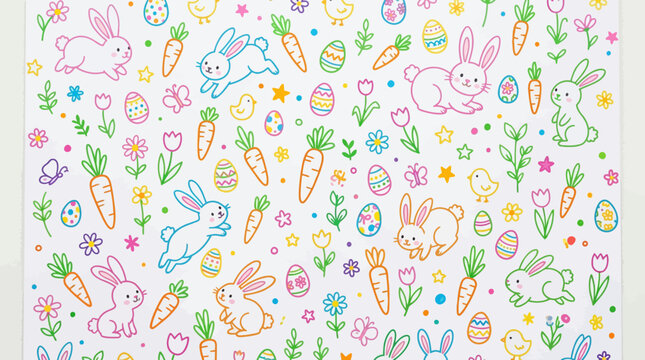 Cute Whimsical Easter and Spring Seamless Pattern with Colorful Bunnies, Chicks, Decorated Eggs, Carrots, and Flowers on White