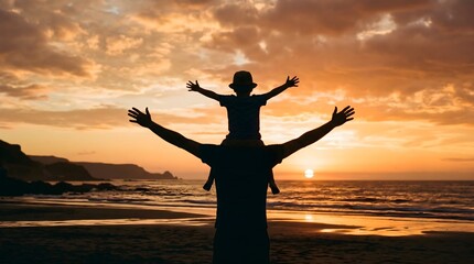 Fototapeta premium Father's day celebration with child on shoulders at beach sunset