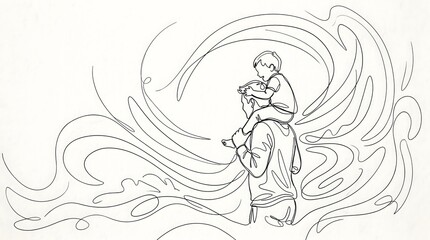 Obraz premium Father's day artistic line art of dad carrying son on shoulders