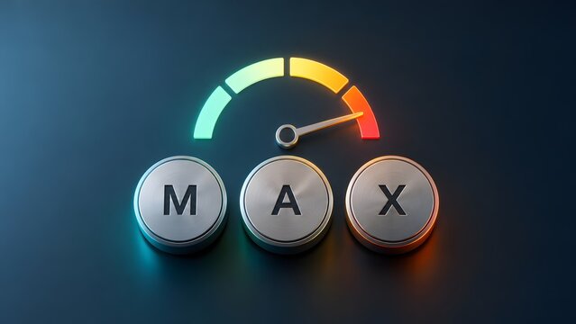 Glowing speedometer gauge pointing to maximum red level above metal max buttons symbolizing high performance speed and extreme limit