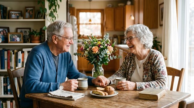 An elderly couple sharing a warm moment at a wooden table, holding hands and smiling. They are enjoying coffee and pastries in a cozy home setting, surrounded by books and plants