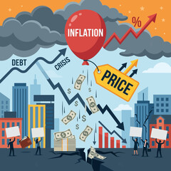 Fototapeta premium Global Economic Inflation and Financial Crisis Concept Illustration with Rising Prices, Market Volatility, and Debt Growth Graphics