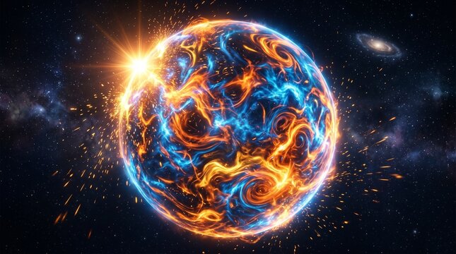 Glowing cosmic energy sphere with blue and orange plasma fire effects exploding in deep space. Dramatic sci-fi planetary explosion background with vibrant sparks and starry nebula galaxy.