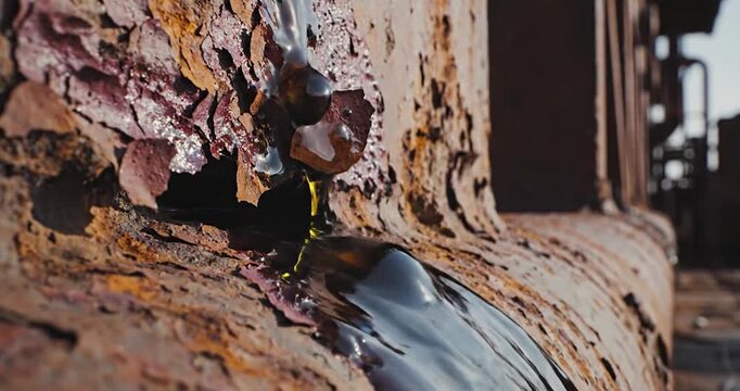 Thick dark oil or resin leaking from a weathered rusty metal pipe