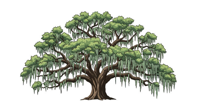 Pixel art illustration of a large live oak tree draped with Spanish moss