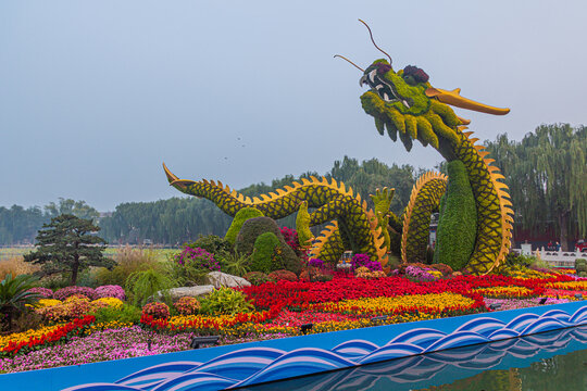 Dragon made of flowers floating in Beihai lake in Beijing, China