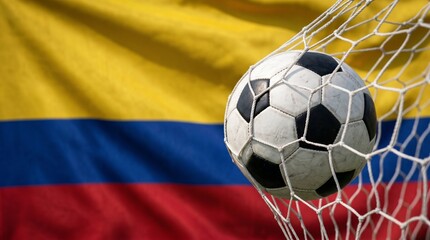 Naklejka premium Soccer ball hitting the net with the national flag of Colombia in the background, symbolizing a goal and victory
