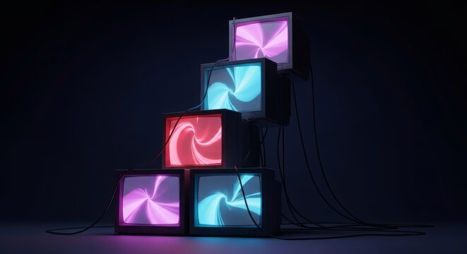 An artistic arrangement of vintage cathode ray tube monitors stacked in a staircase formation, featuring glowing glass screens and cables, obsolete, steps, glass