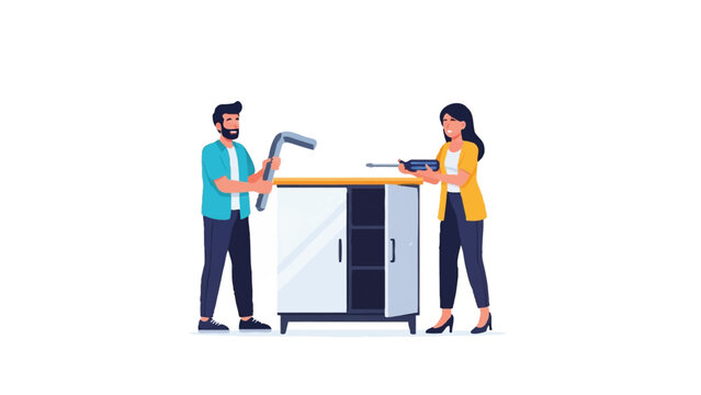Couple Assembling Flat-Pack Furniture Illustration: Man and Woman Building a White Cabinet with Tools for Home Interior Improvement