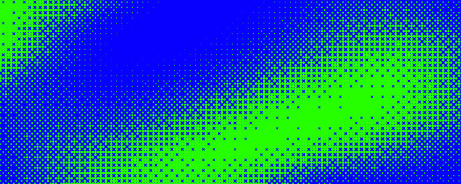 Neon green blue bitmap pixel texture. Dotted dither gradient pattern background. 8 bit halftone faded pop art gradation wallpaper. Vector vanishing raster video arcade game backdrop for banner, poster