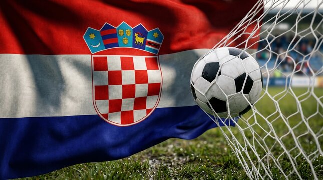 Soccer ball scoring a goal in the net with the national flag of Croatia in the background, representing sports victory and national pride