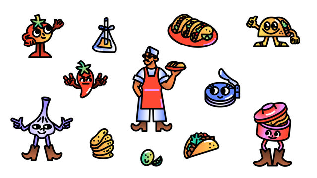 Mexican food character doodle set with tacos, chili pepper, garlic and street food mascots