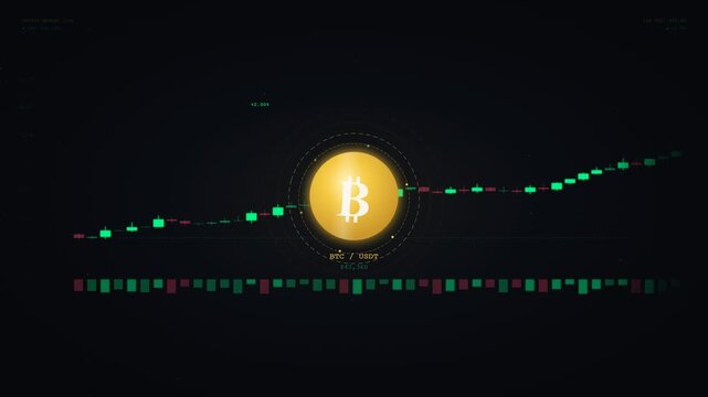 High-tech digital interface featuring a rotating Bitcoin logo, real-time candlestick charts, and crypto market data visualization on a dark background.