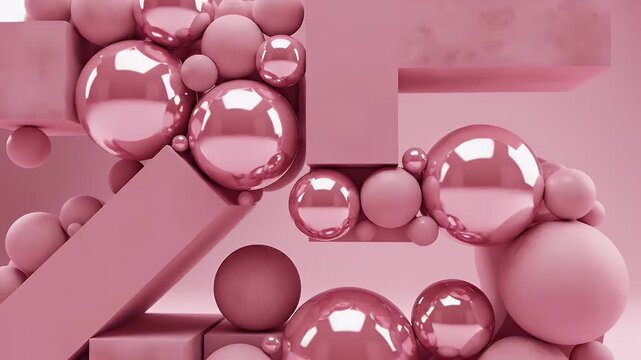 Intricately assembled pink geometric sculpture formed from spheres and blocks in a monochrome studio setup