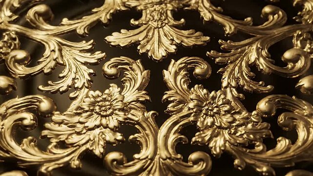 Intricate gilded baroque floral scrollwork pattern with ornate leaf motifs on dark background