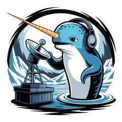 Cartoon Narwhal Wearing Headphones Satellite. © bos