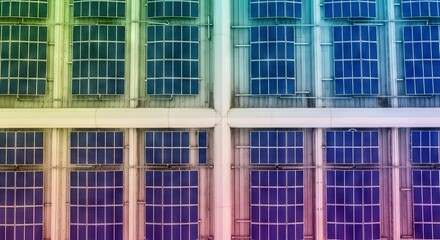 Obraz premium High-angle view of organized solar panel arrays on a modern industrial roof, featuring a symmetrical grid design for a sustainable future, panels, green, top view