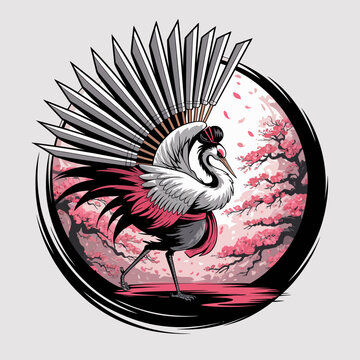 Detailed illustration of a dancing crane.
