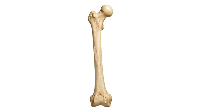 Human femur bone realistic anatomical model standing vertically isolated on clean white background for medical education and orthopedic study