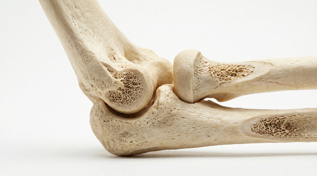 Human elbow joint model showing detailed bone texture, humerus, radius, and ulna articulation, studio close-up shot isolated on clean white background