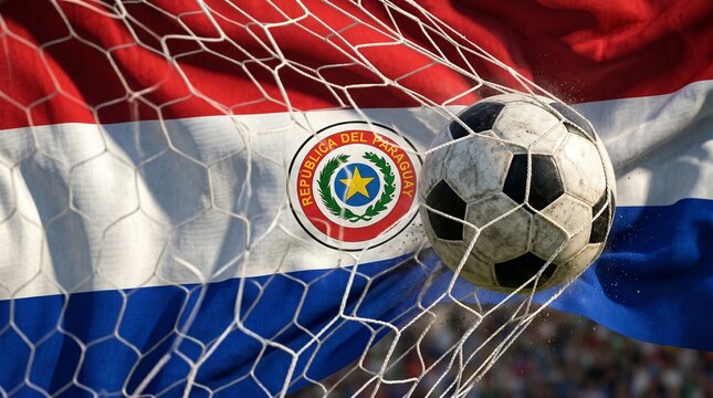 Soccer Ball Hitting the Goal Net with the National Flag of Paraguay in the Background