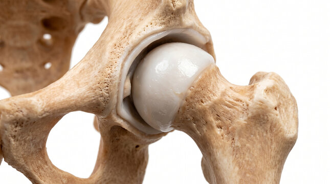 Human hip joint model showing femur head and acetabulum socket with articular cartilage in a close up studio shot on white background for medical education and orthopedic concept